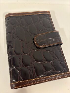 Croc Embossed Clutch/Wallet Snap Closure Dark Brown Orange Stitching 4.25 x 6”